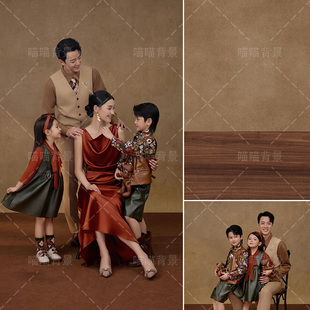 棕色油画全家福时间的礼物主题写真拍照背景布影棚室内秋冬氛围感美式全家福一家六口亲子美拉德木纹MH-3003