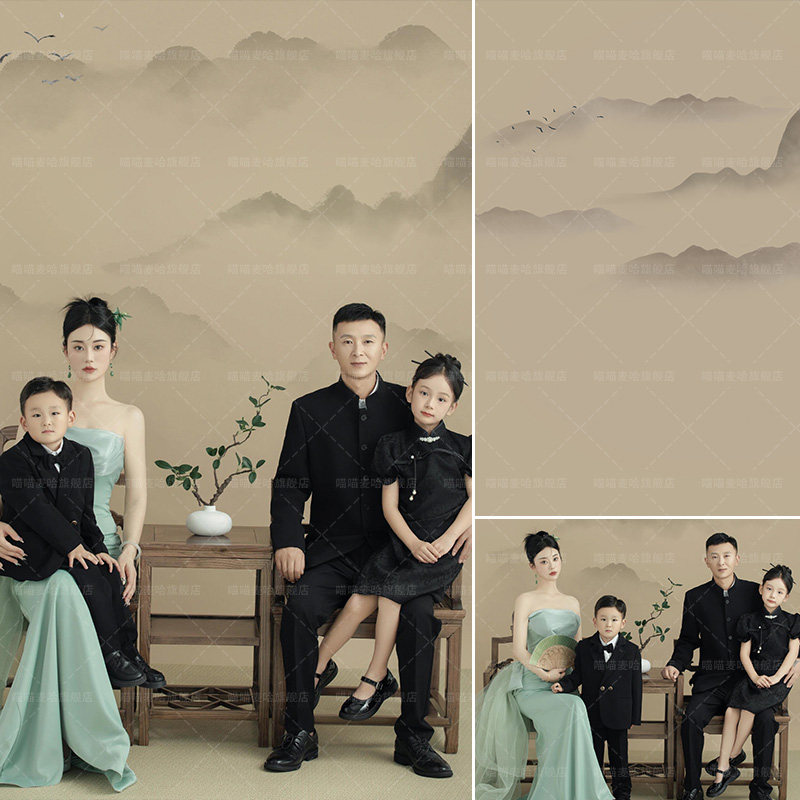 山水工笔画全家福亲子照影楼婚纱摄影拍照背景布喷绘高清写真创意一家六口喜庆一家四口MH-1712