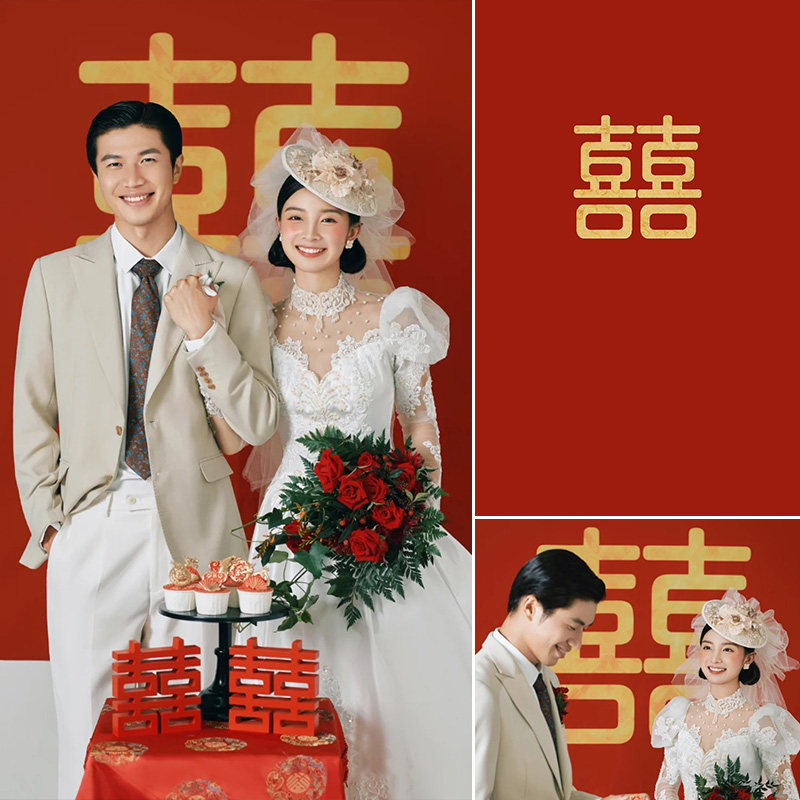 新款喜字喜庆红色婚礼室内油画布国潮复古80年代直播摄影背景纸婚纱影楼影棚拍照背景布MH-0840