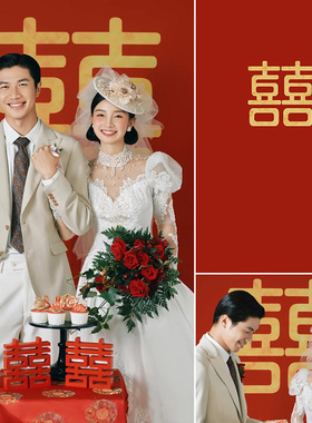 新款喜字喜庆红色婚礼室内油画布国潮复古80年代直播摄影背景纸婚纱影楼影棚拍照背景布MH-0840