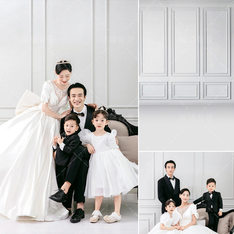 灰白色石膏墙简约风全家福影楼婚纱摄影拍照背景布亲子照影棚室内西式复古艺术照法式宫廷风格壁纸画MH-2887