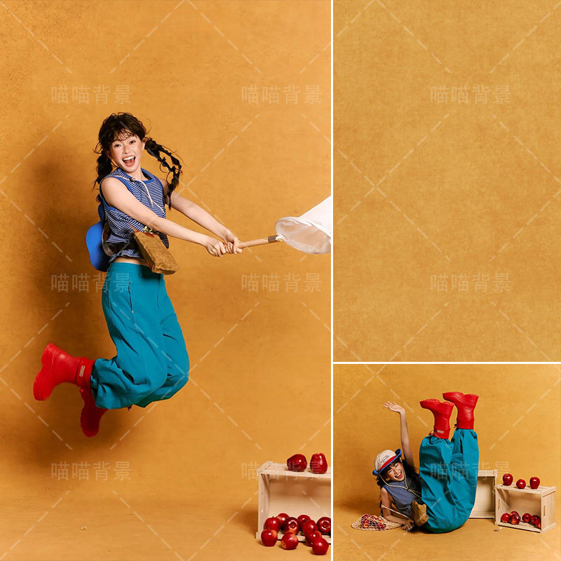 黄色肌理油画童趣少女写真拍照背景布新中式日系风格影棚室内时尚日杂摄影背景纸纹复古商业杂志拍照MH-3475