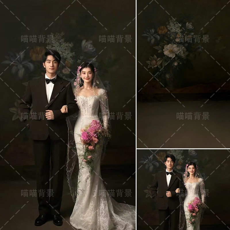 复古油画花朵影楼婚纱摄影拍照背景布油菜孕妇照氛围感艺术照复古法式婚纱照影棚室内高级感摄影纸MH-3134