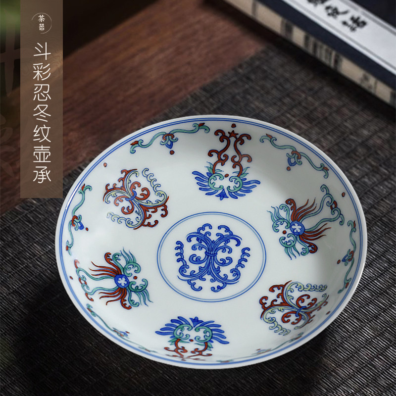 柒槿年斗彩牵牛花圆形纯手工茶盘
