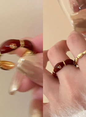 红色滴釉竹节可调节戒指