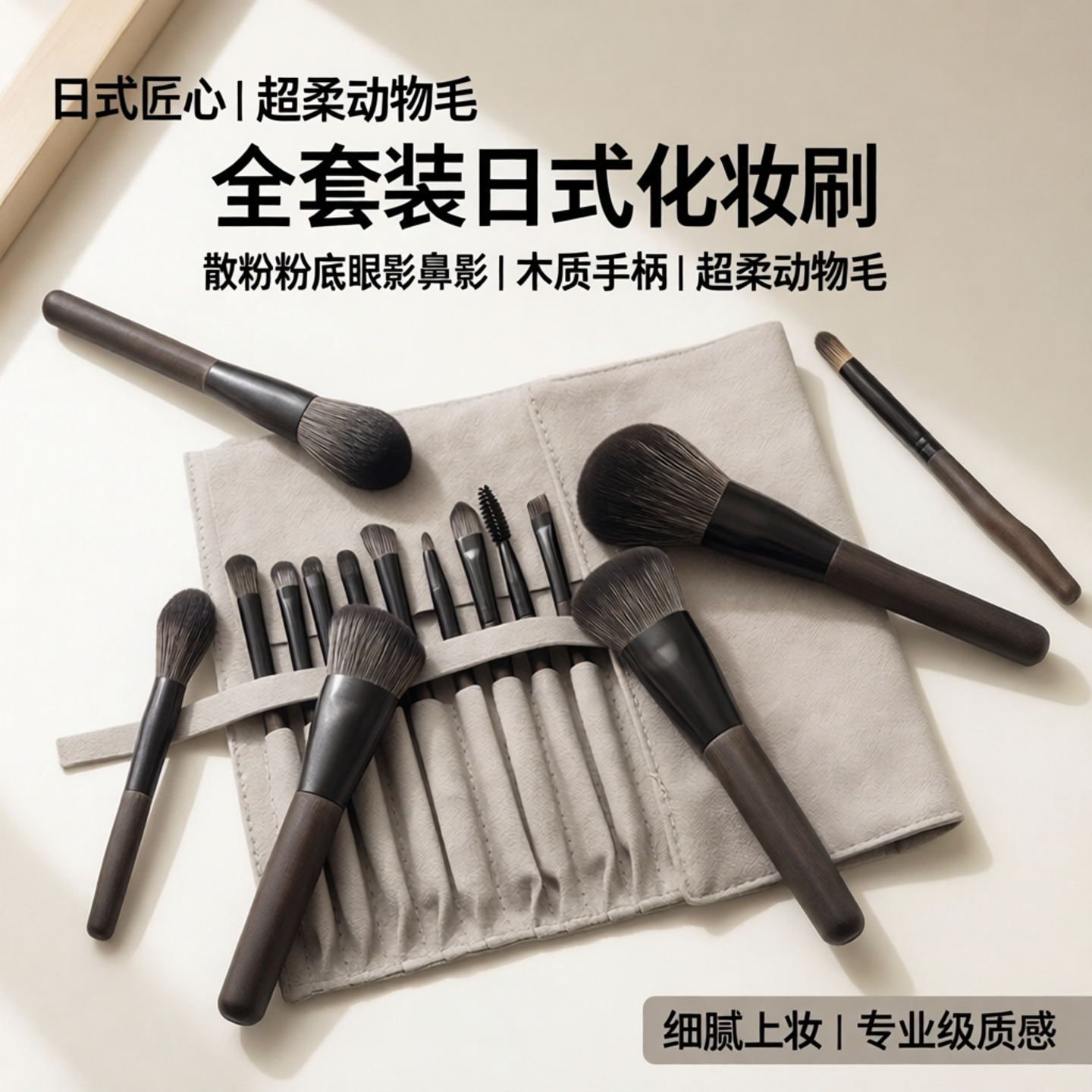 日式化妆刷套装全套刷木柄散粉刷粉底刷眼影鼻影超柔软动物毛