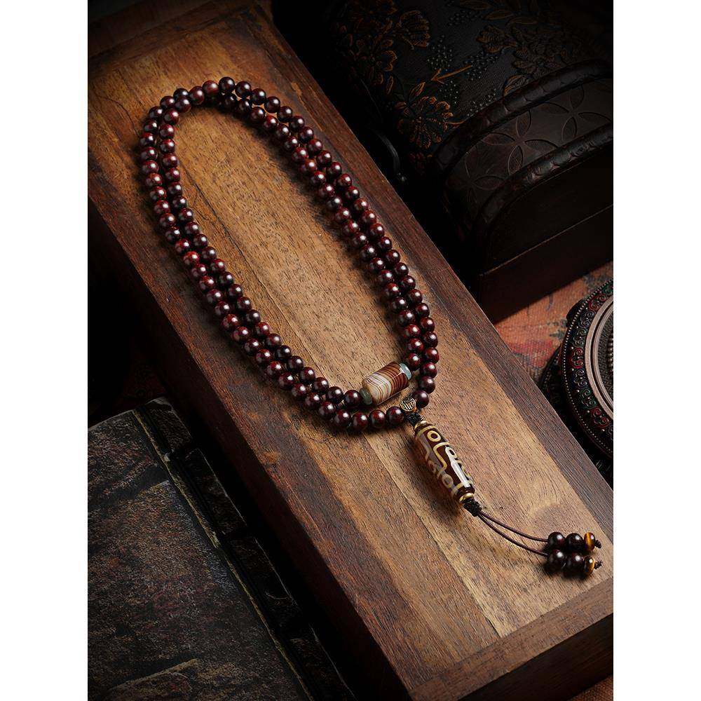 小叶紫檀手串108颗文玩情侣项链男九眼天珠配饰印度老料原木佛珠