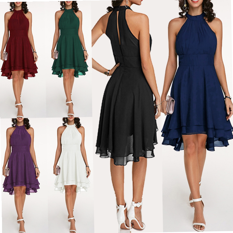 Women's solid color halter-neck sleeveless double-layer dres