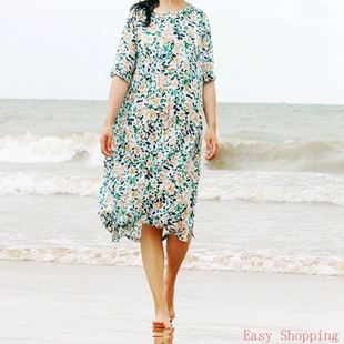 Women Cotton Linen dress Clothes Chinese 纯麻 女式中袖中裙夏