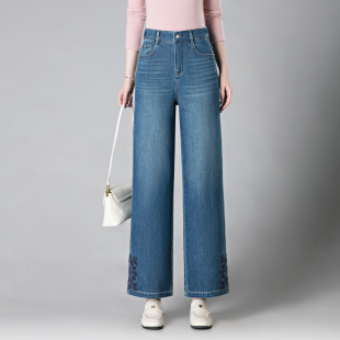 梦舒雅刺绣九分窄版阔腿牛仔裤女2026新款高腰宽松小个子直筒裤子