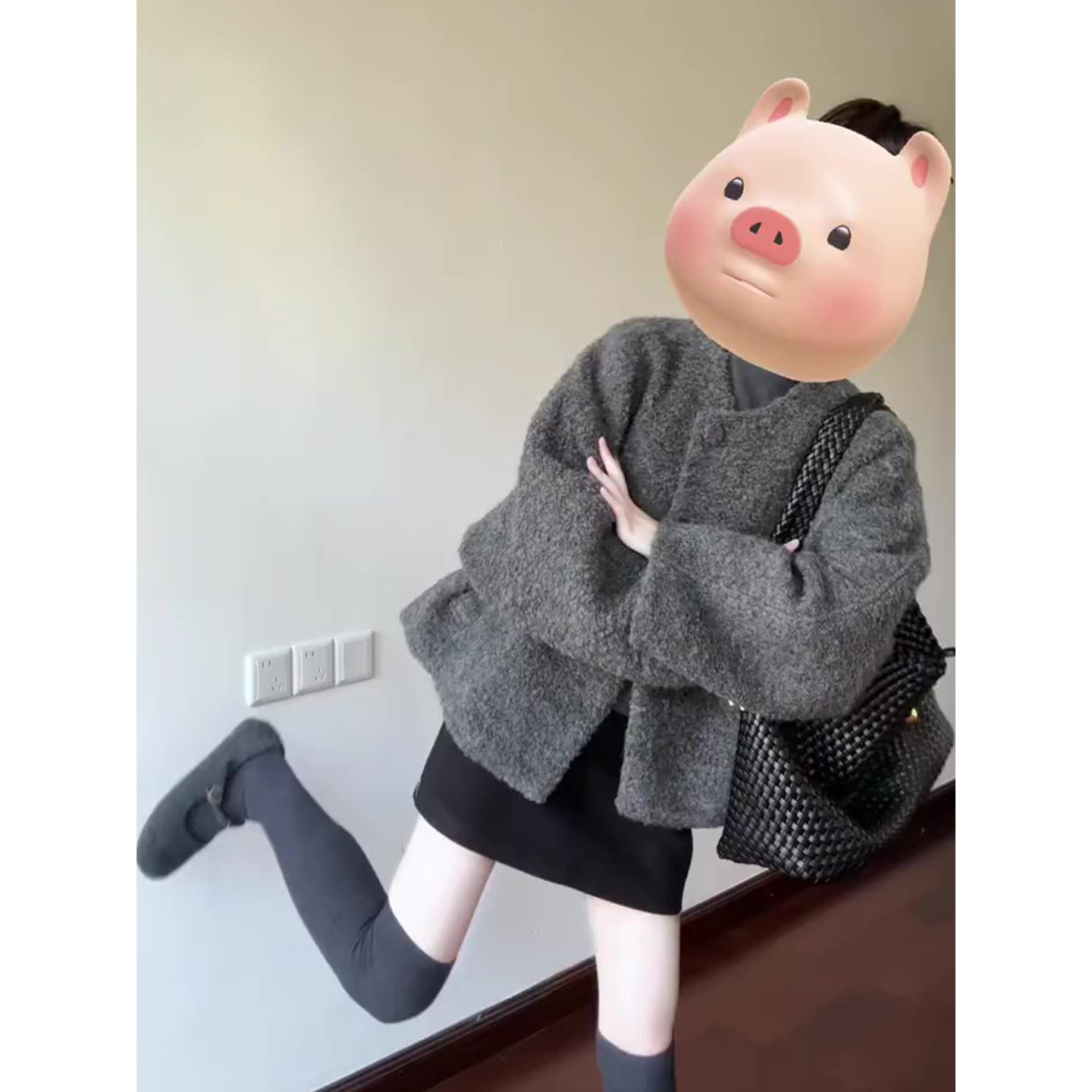 韩系极简风灰色毛呢大衣外套女秋冬季高级感上衣半身裙两件套