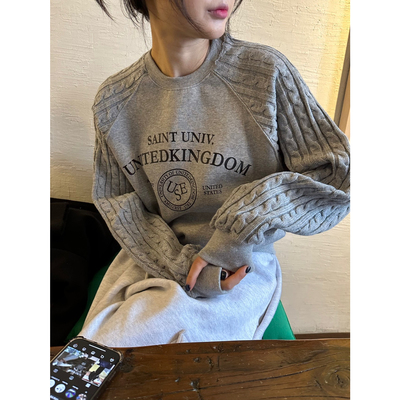 韩版拼接针织字母印花套头卫衣女秋冬设计感小众假两件上衣