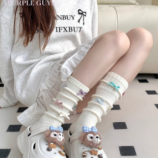 蝴蝶结袜子女小腿袜纯棉堆堆袜Lolita洛丽塔jk春秋季 白色中筒长袜