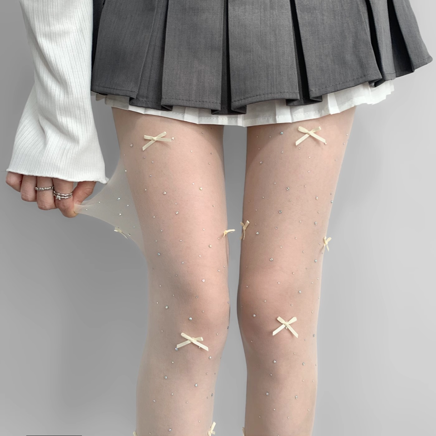 蝴蝶结奶白色芭蕾风丝袜带钻Lolita袜子女春夏薄款叠穿少女连裤袜