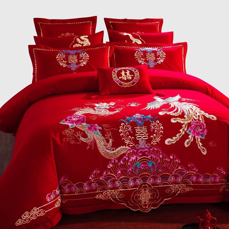 九喜狐家纺红色四件套床上用品工厂一件代发盘龙逸凤