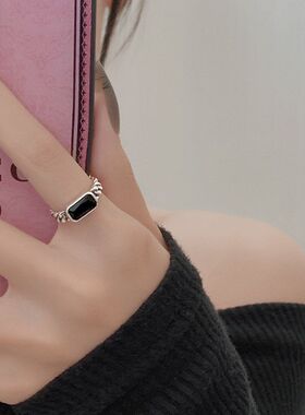 方形时尚女小众黑色链条戒指个性调节可开口设计感ins复古风戒指