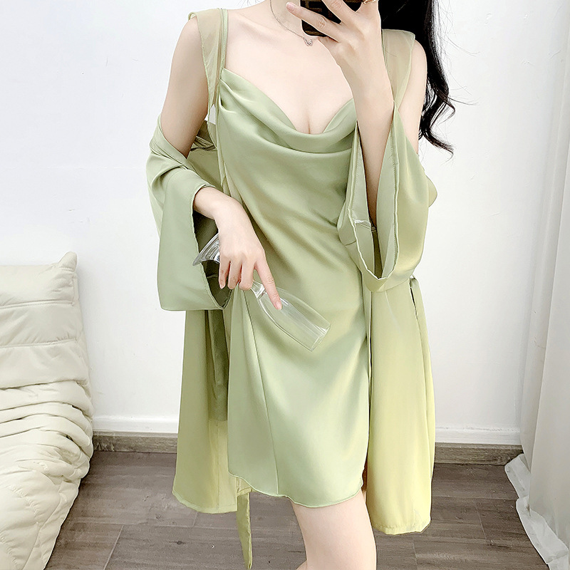 2025新款吊带两件套睡裙睡袍带胸垫家居服女士纯欲风冰丝薄款