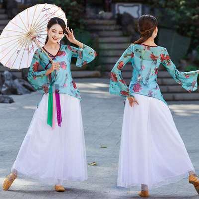 中国风古典舞蹈身韵纱衣女飘逸民族舞练功服广场舞服装新款套装