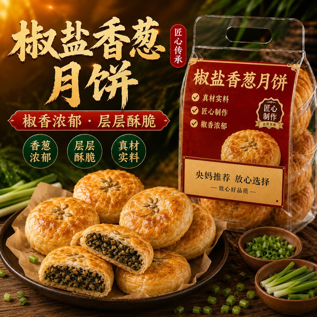 浙江宁海特产正宗施季椒盐月饼香葱海苔菜老月饼中秋节香酥礼盒装