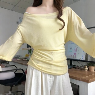 绑带长袖罩衫薄纱上衣女夏季户外海边防晒衣慵懒风微透甜辣妹t恤