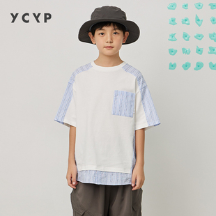 YCYP童装 新款 T恤中大童2024夏装 日系拼接男童短袖 休闲儿童上衣潮