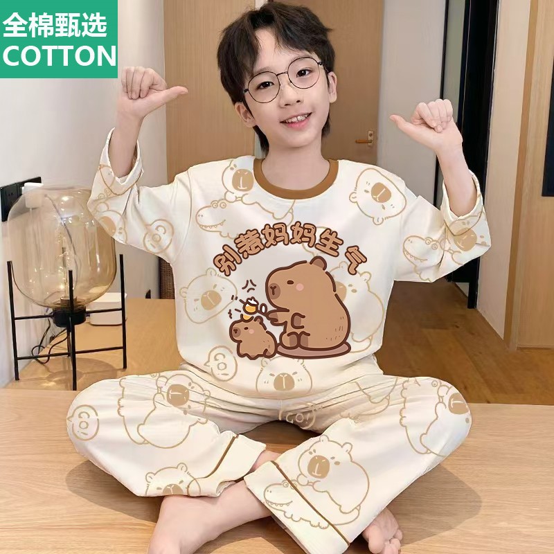 全棉母婴纯棉新款儿童睡衣男童夏季长袖薄款男孩中大童卡皮巴拉家