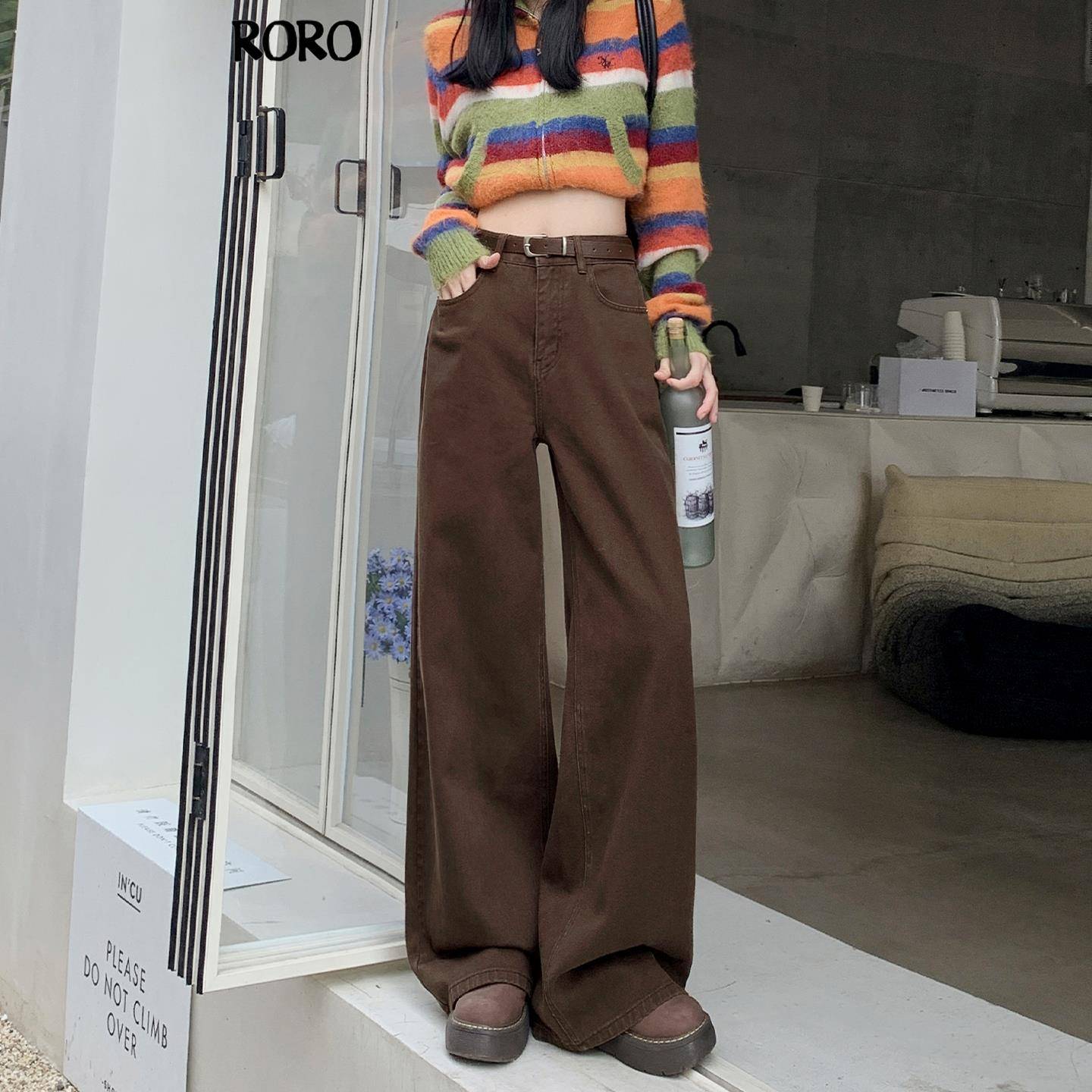 RORO美拉德棕咖色直筒裤女2025新款宽松美式复古百搭阔腿牛仔裤女