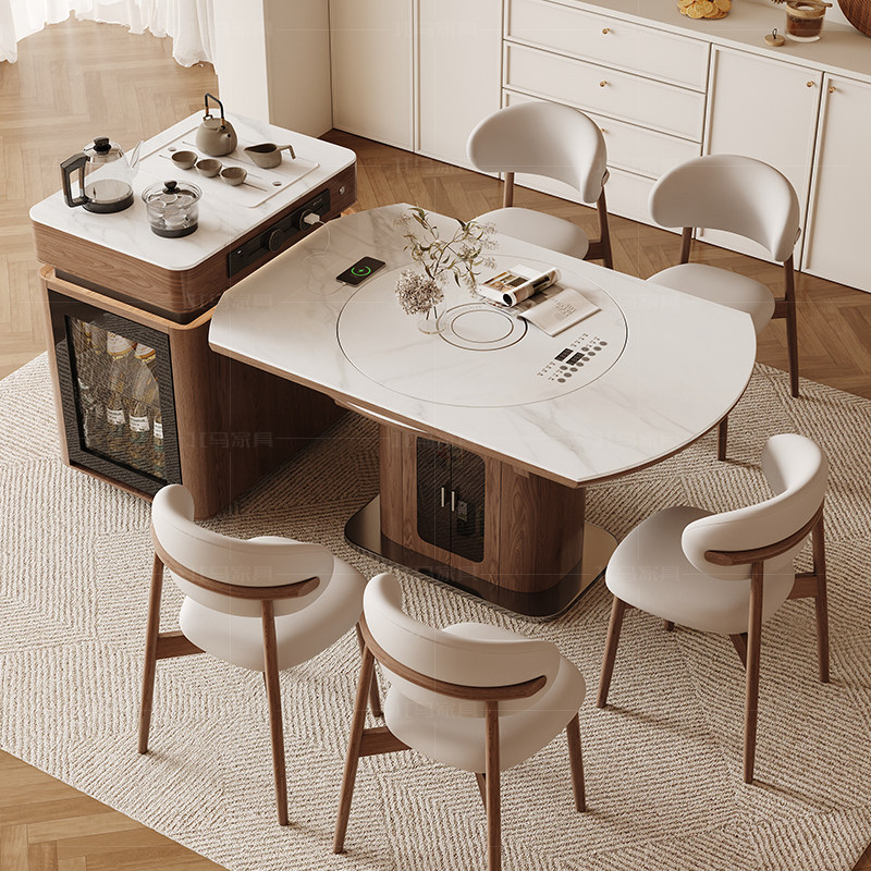 国家补贴新中式实木岩板岛台餐桌可分离带冰箱一体可伸缩岛台餐桌