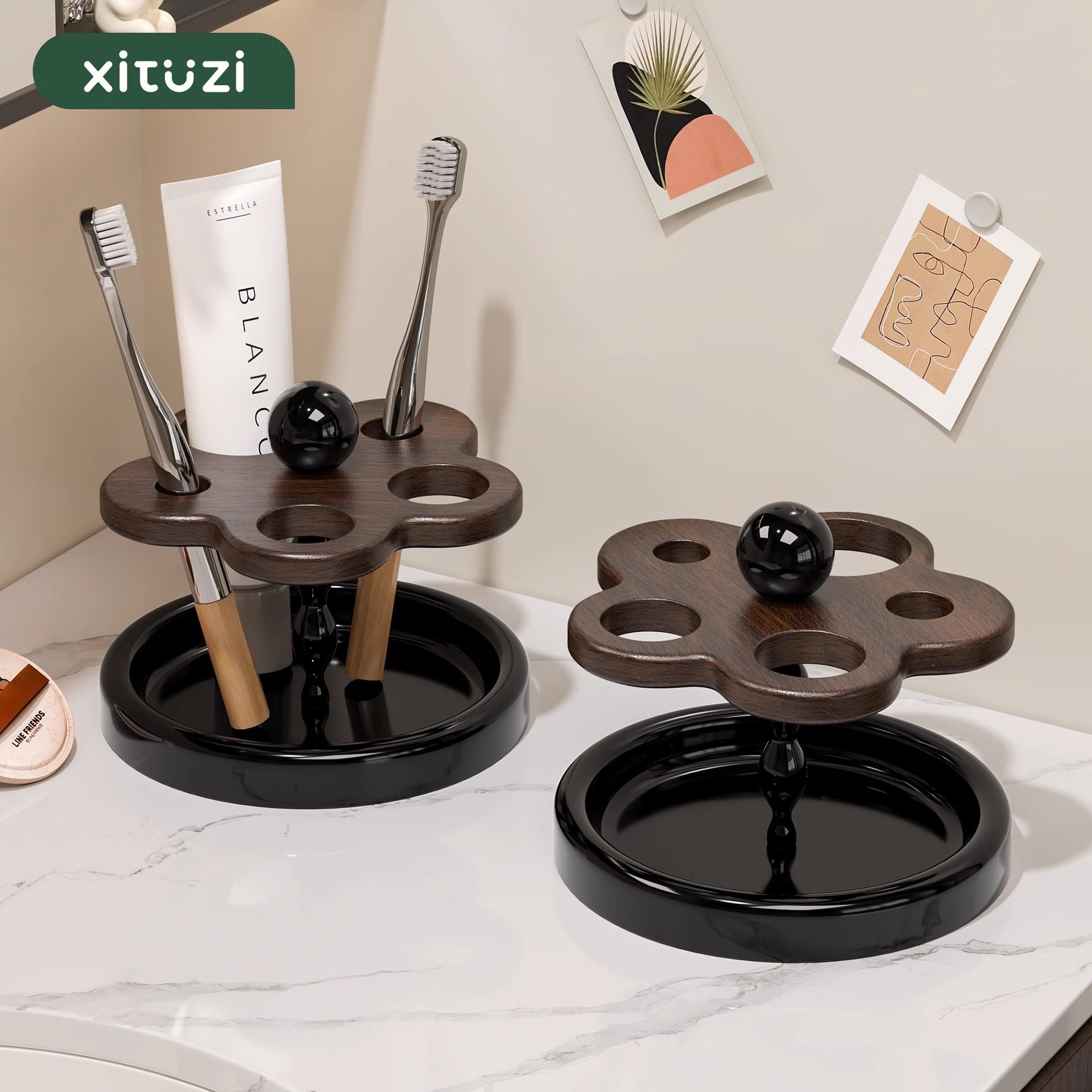 北欧创意轻奢浴室置物架陶瓷胡桃木牙刷架卫生间洗漱台面收纳架