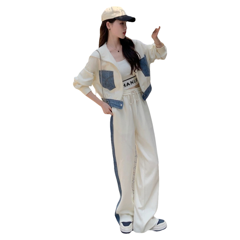 2026秋季白色牛仔拼接休闲运动套装女时尚减龄开衫连帽撞色两件套,女装/女士精品,时尚套装,淘宝优惠券,粉丝福利购,淘宝优惠卷