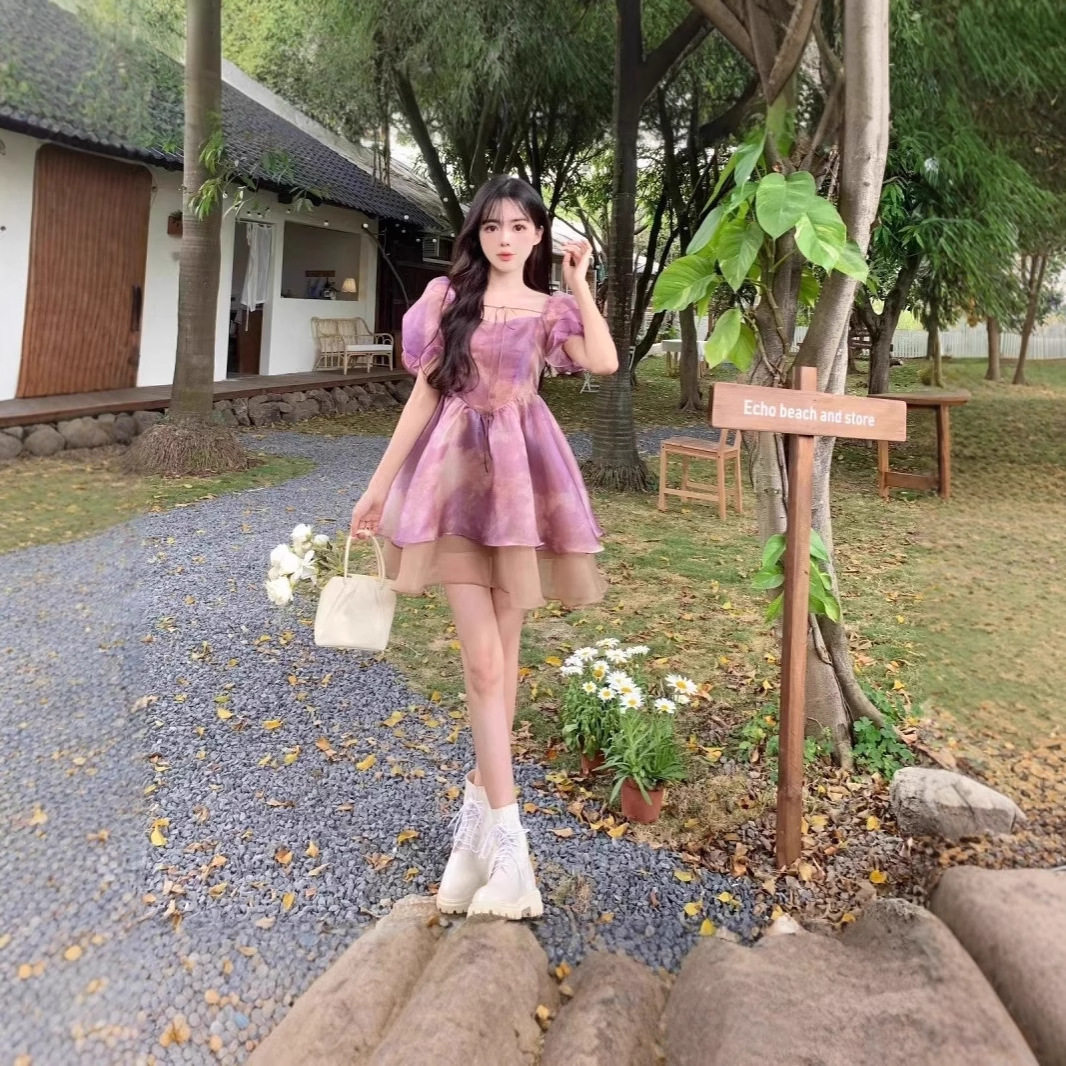 公主蓬蓬裙连衣裙女2025夏季新款森系超仙泡泡袖设计感收腰短裙子
