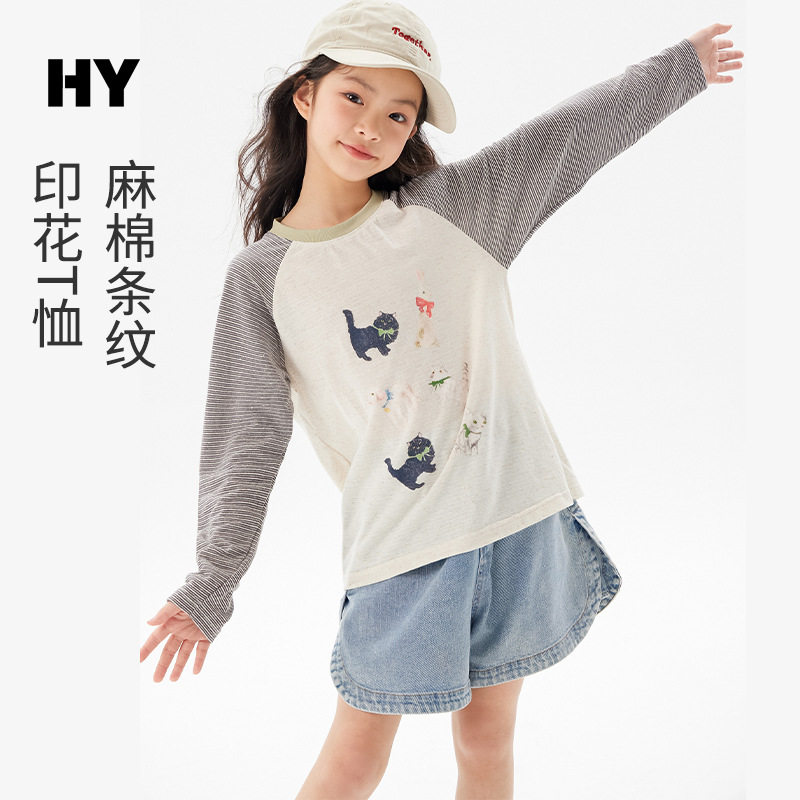 儿童棉麻T恤2026夏季新款女童韩版卡通长袖中大童宽松透气上衣潮-