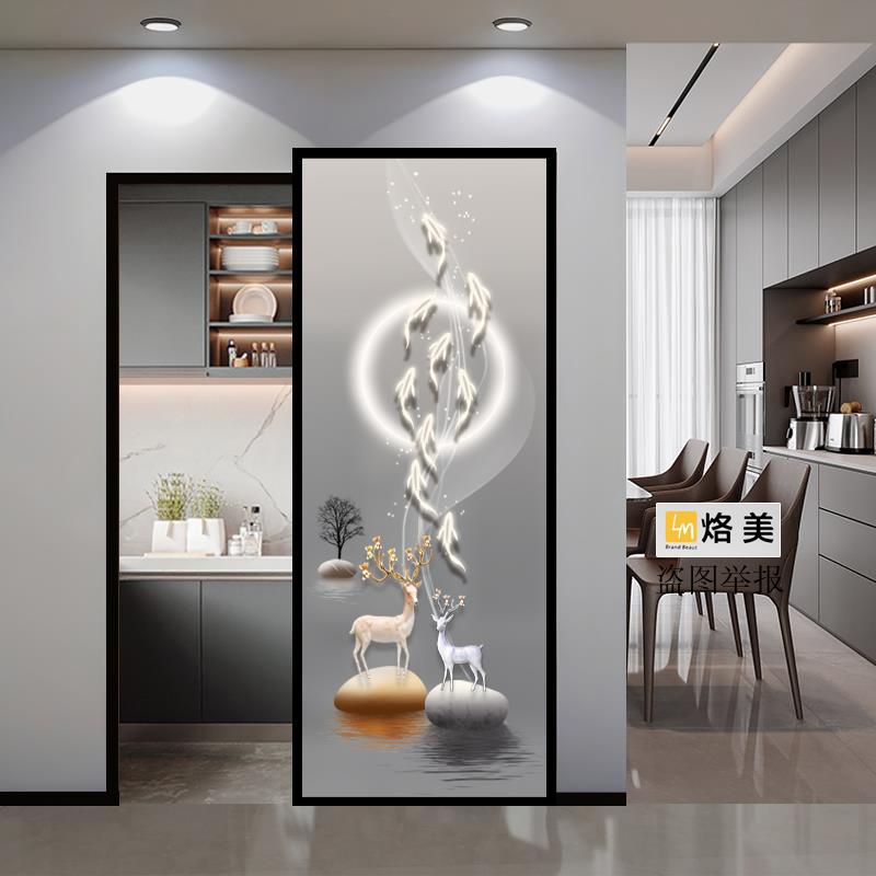 高端客厅屏风无轨道幽灵门艺术玻璃隔断吊轮移门厨房拉门厕所门