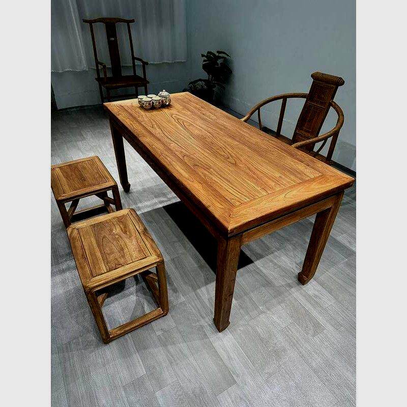 老榆木茶桌复古原木风化老门板餐桌家用书桌长桌椅束腰中式马蹄桌