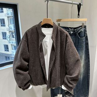 高街老钱风立领羊毛呢子羽绒服男短款宽松简约高级感立领夹克外套