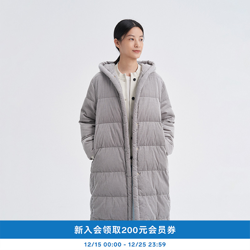 冬女装环保棉灯芯绒连帽长羽绒服