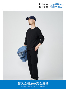klee klee男装棉麻针织布贴袋松身长袖T恤黑色内搭K1221TS03