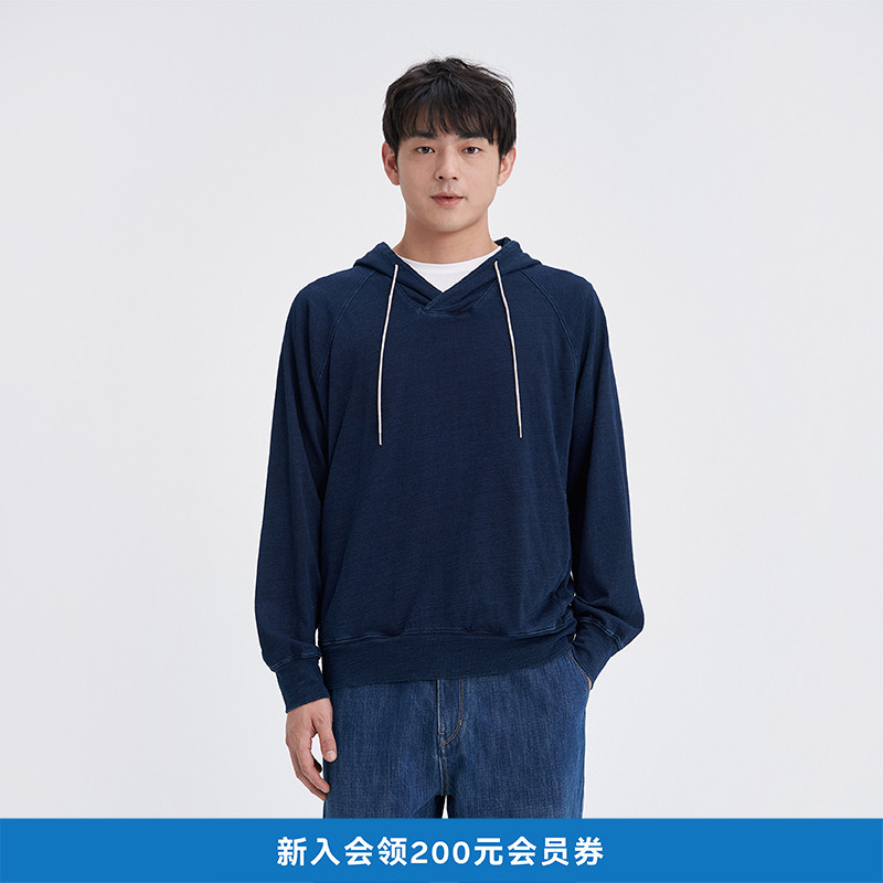 环保棉靛蓝染竹节连帽衫