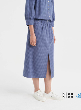 klee klee半身裙 女士蓝格子布松紧腰开衩百搭小A裙26春夏新款
