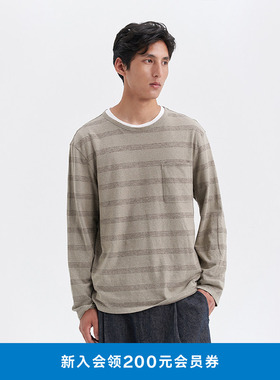 klee klee秋冬男装环保棉大麻宽松休闲条纹长袖T恤K1253TS02