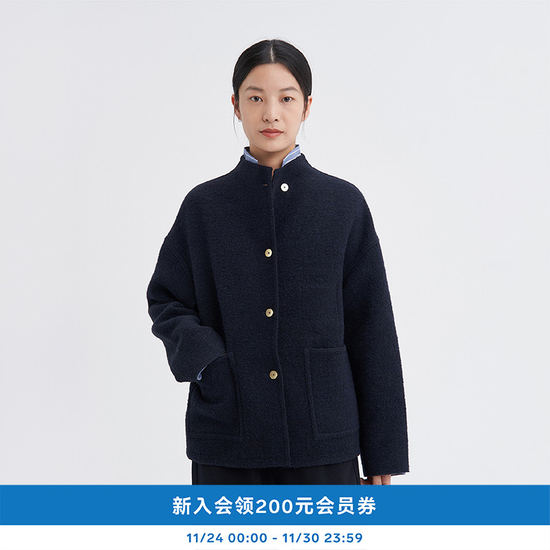 冬季女士粗花呢蓝布立领短大衣