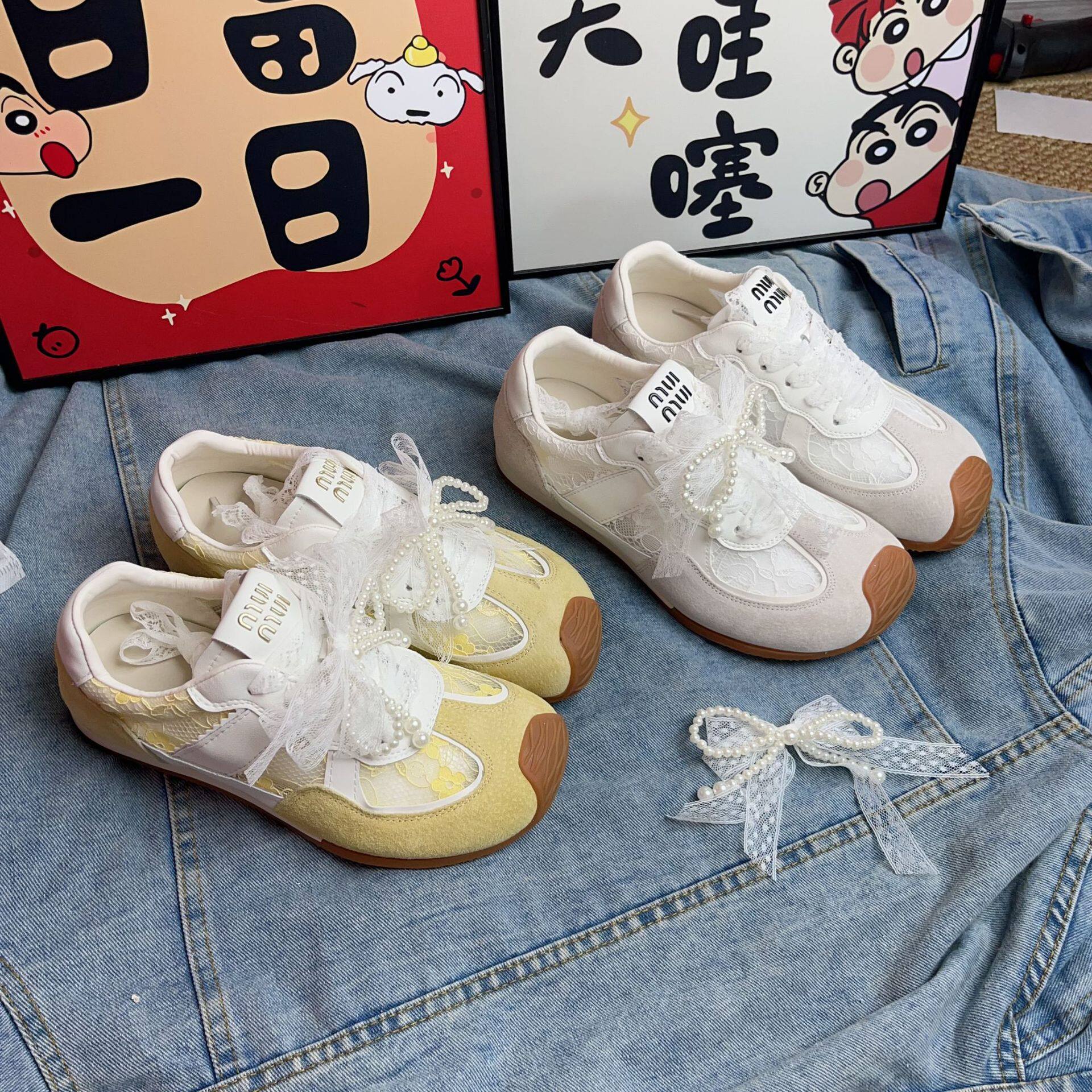 2025春夏蕾丝系带休闲透气德训网鞋女韩版蝴蝶结平底小白鞋板鞋女