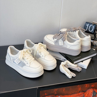 真皮网面小白鞋女2023春夏季新款透气内增高休闲厚底运动平底板鞋