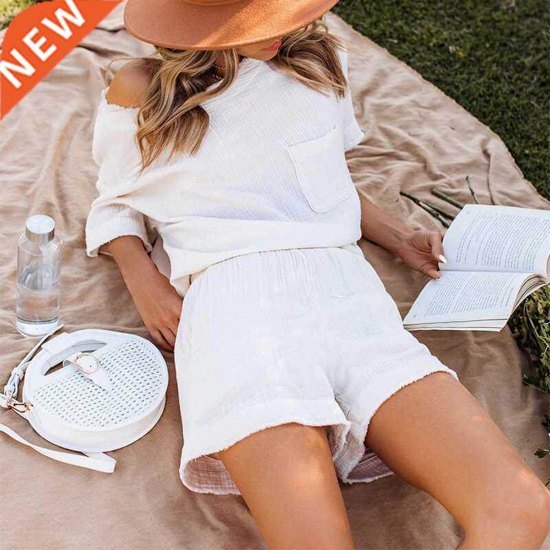 SUMMER CASUAL COTTON LNEN POCKET SETS SHORT SLEEVE T SHRT