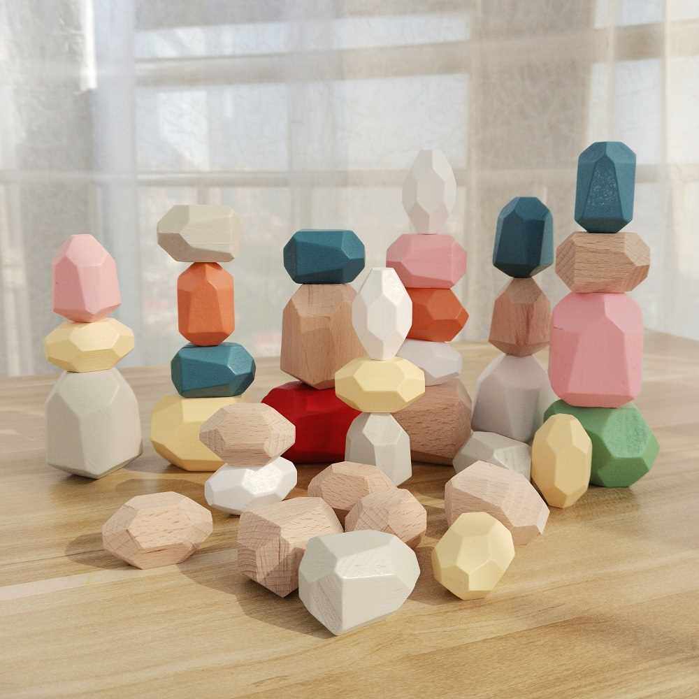 CHLDRENS WOODEN COLORED STONE JENGA BULDNG BLOCK EDUCAT