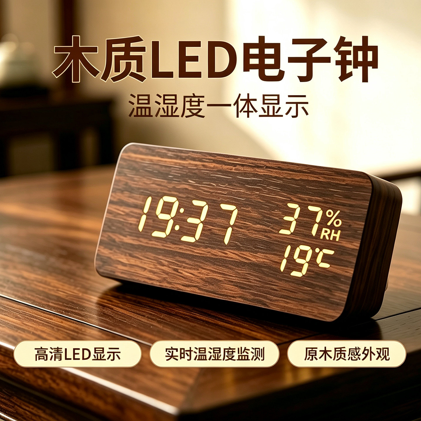 时尚LED创意闹钟 夜光静音电子表学生床头钟卧室座钟台钟温湿度计图片