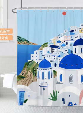北欧清新绘画巴黎油画防水加厚浴帘防霉厕所门帘防霉窗帘隔断洗澡