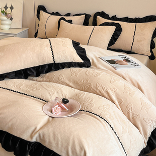 雕花牛奶绒被套保暖四件套珊瑚绒冬季加厚防静电被罩法式床上用品