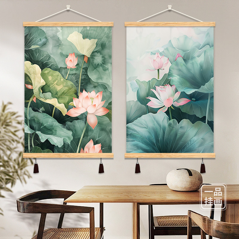 油画风荷花禅意装饰画入户玄关墙壁画书房茶室过道墙饰布艺挂画