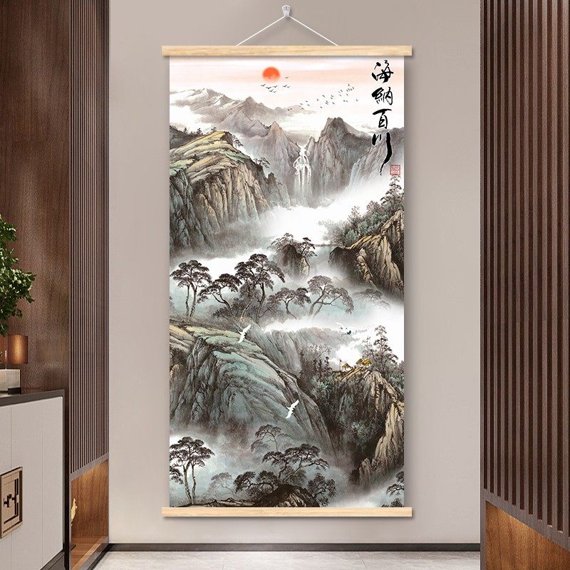 古风山水风景卷轴挂画卧室书房墙饰装饰画客厅餐厅实木布艺挂画